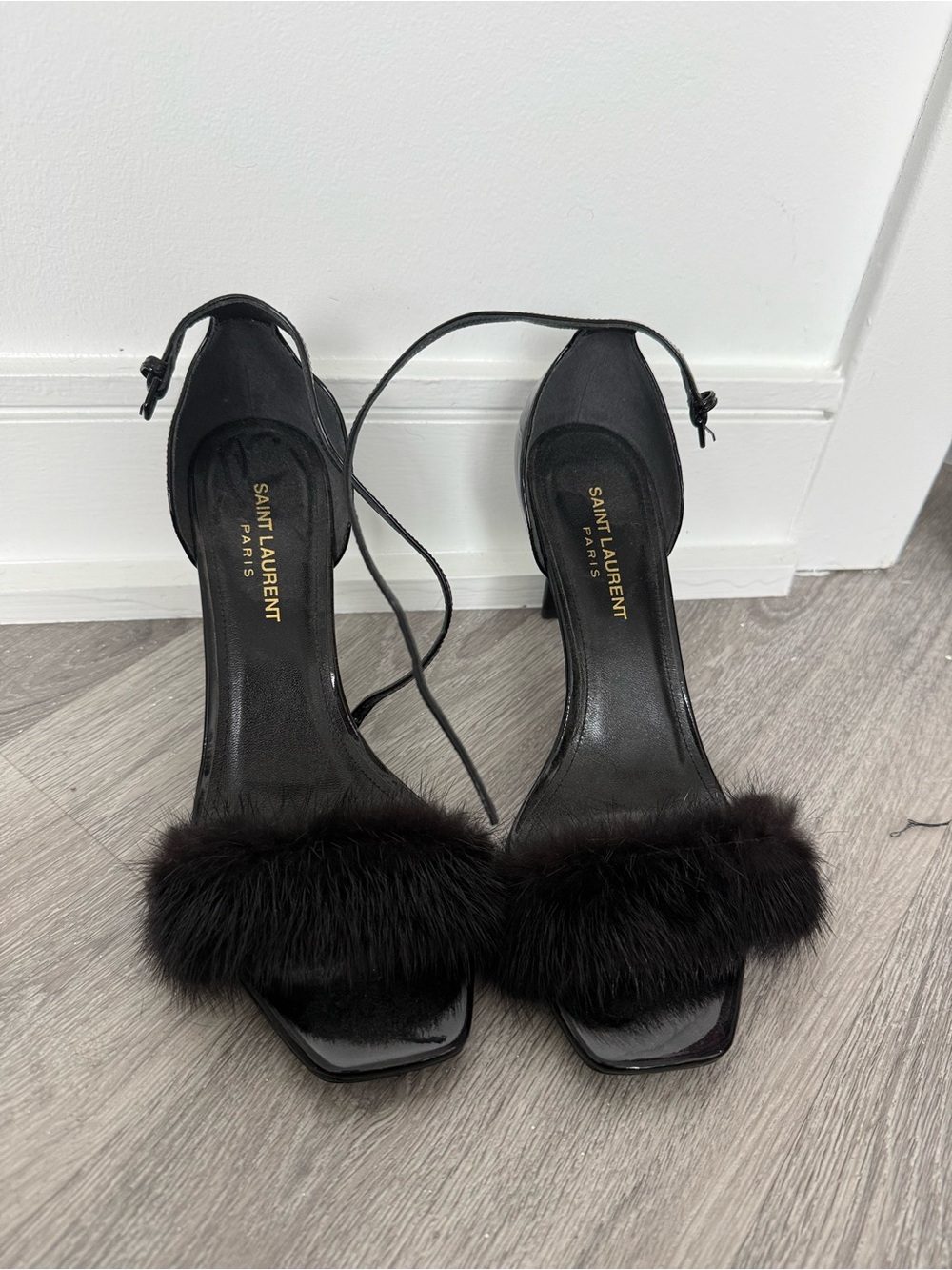 Saint Laurent Black Fur-Trim Ankle-Strap Sandals